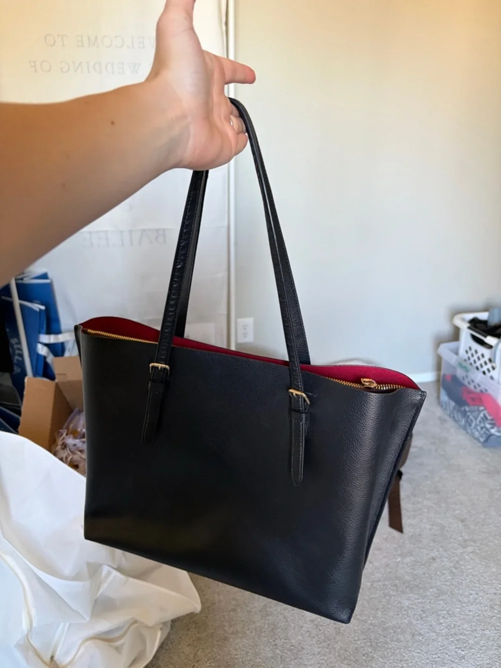 Coach Black Leather Tote with Red Interior - Picture 2 of 5